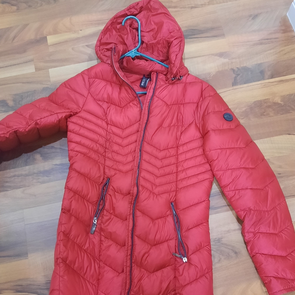 Red puffer jacket